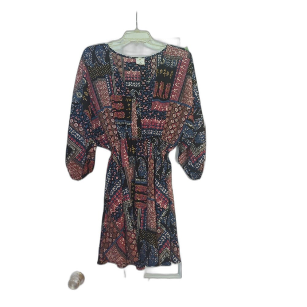 By Together Bohemian patchwork dress v-neck 3/4 sleeves like new Small